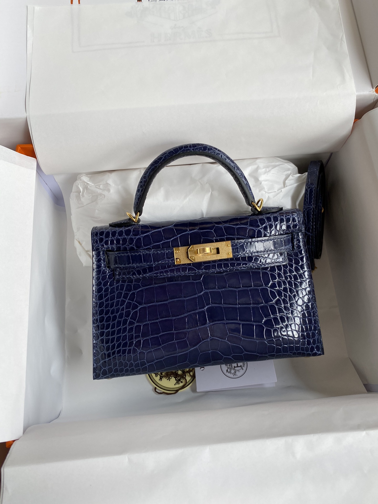 Hermes Kelly Mini II Bag 19CM In Blue Sapphire Shiny Alligator Leather